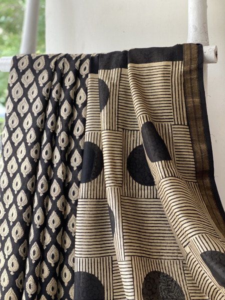 BLACK HAND BLOCK PRINT CHANDERI SILK COTTON SARI