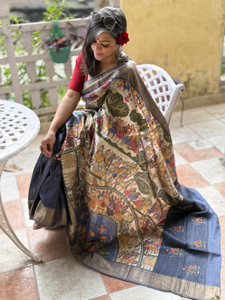 INDIGO PRINTED KANTHA EMBROIDERED TUSSAR SILK SARI