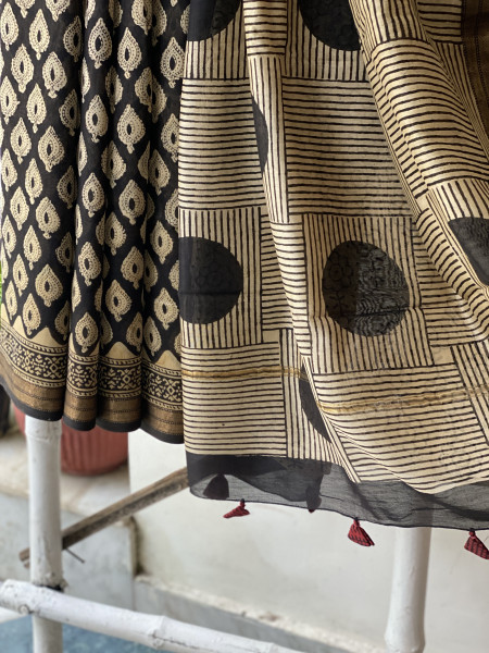 BLACK HAND BLOCK PRINT CHANDERI SILK COTTON SARI