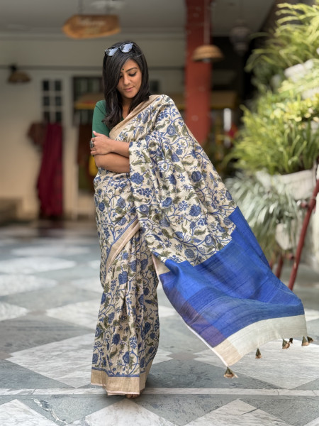 BEIGE-BLUE PRINTED TUSSAR SILK SARI