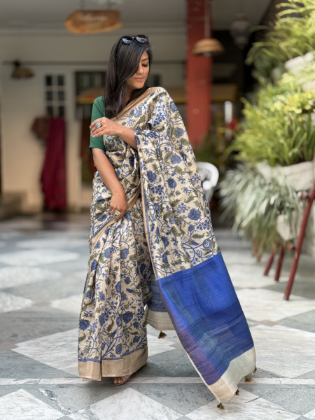 BEIGE-BLUE PRINTED TUSSAR SILK SARI