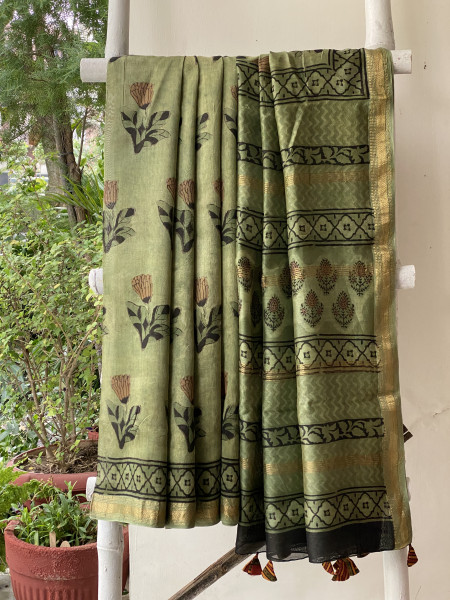 DUSTY GREEN HAND BLOCK PRINT CHANDERI SILK COTTON SARI