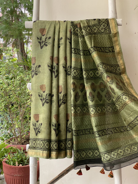 DUSTY GREEN HAND BLOCK PRINT CHANDERI SILK COTTON SARI