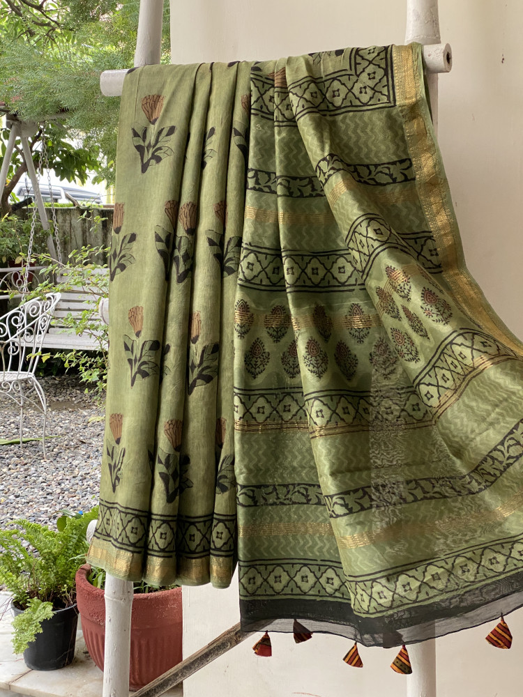 Image of DUSTY GREEN HAND BLOCK PRINT CHANDERI SILK COTTON SARI