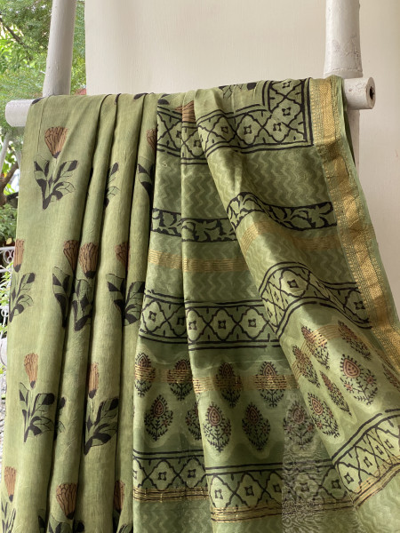DUSTY GREEN HAND BLOCK PRINT CHANDERI SILK COTTON SARI