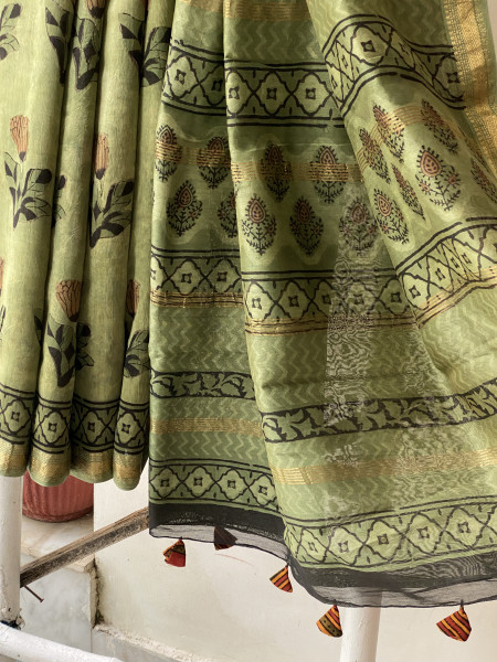DUSTY GREEN HAND BLOCK PRINT CHANDERI SILK COTTON SARI