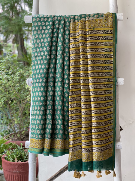 GREEN HAND BLOCK PRINT CHANDERI SILK COTTON SARI