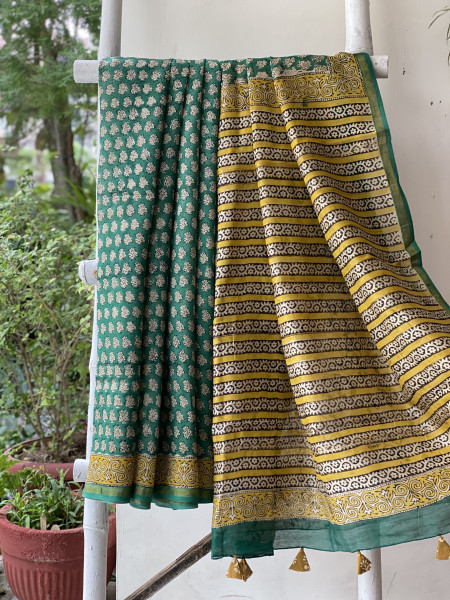 GREEN HAND BLOCK PRINT CHANDERI SILK COTTON SARI