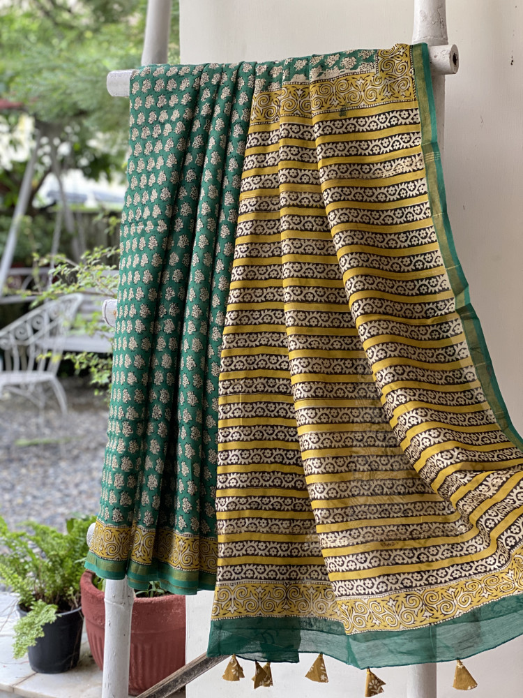 Image of GREEN HAND BLOCK PRINT CHANDERI SILK COTTON SARI