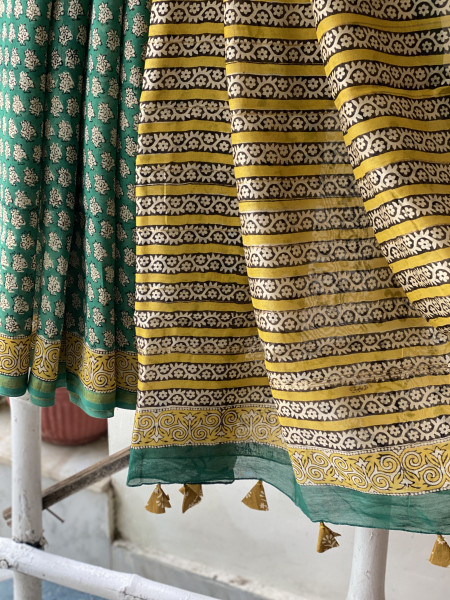 GREEN HAND BLOCK PRINT CHANDERI SILK COTTON SARI