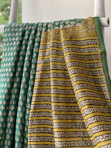GREEN HAND BLOCK PRINT CHANDERI SILK COTTON SARI