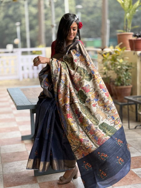 INDIGO PRINTED KANTHA EMBROIDERED TUSSAR SILK SARI