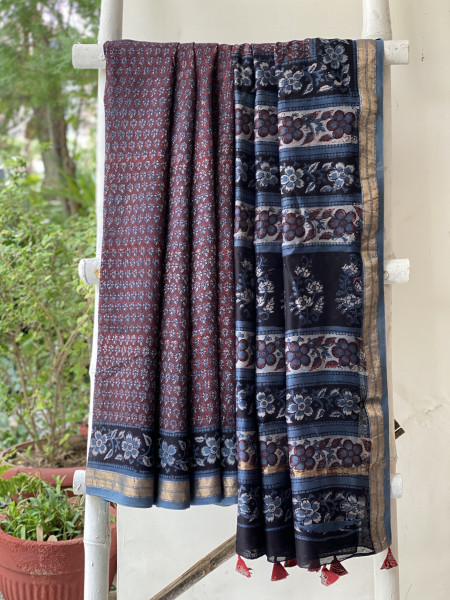 MAROON-INDIGO HAND BLOCK PRINT CHANDERI SILK COTTON SARI