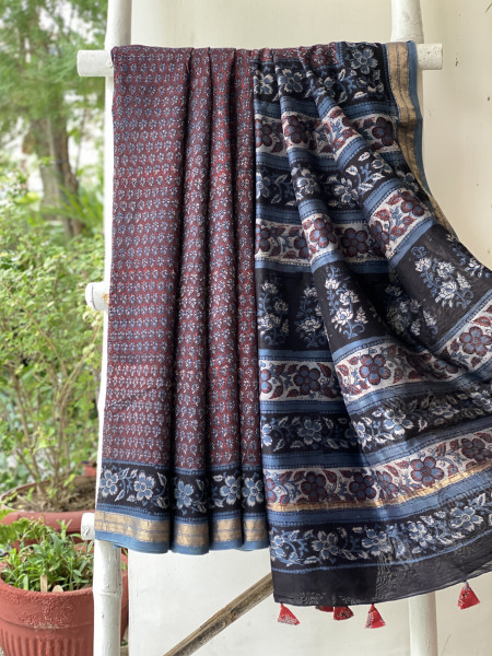 MAROON-INDIGO HAND BLOCK PRINT CHANDERI SILK COTTON SARI