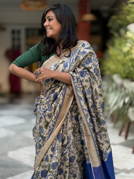 BEIGE-BLUE PRINTED TUSSAR SILK SARI