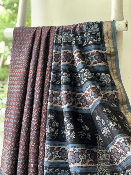 MAROON-INDIGO HAND BLOCK PRINT CHANDERI SILK COTTON SARI