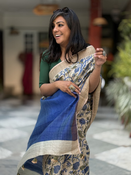 BEIGE-BLUE PRINTED TUSSAR SILK SARI
