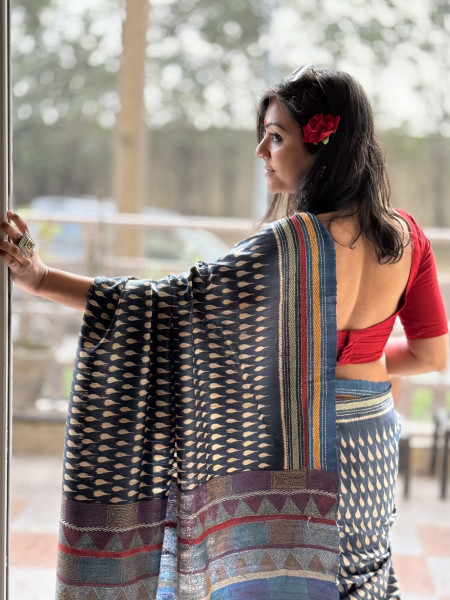 INDIGO HAND BLOCK PRINT KANTHA EMBROIDERED GICHA TUSSAR SILK SARI