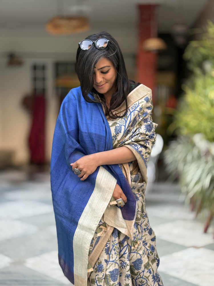 Image of BEIGE-BLUE PRINTED TUSSAR SILK SARI