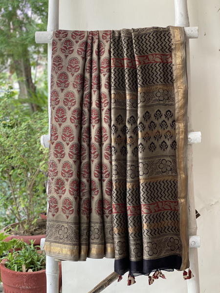 GREY HAND BLOCK PRINT CHANDERI SILK COTTON SARI