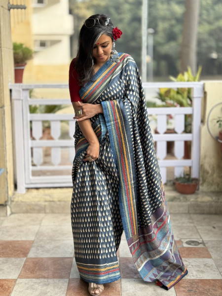 INDIGO HAND BLOCK PRINT KANTHA EMBROIDERED GICHA TUSSAR SILK SARI
