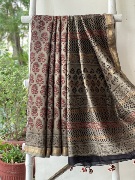 GREY HAND BLOCK PRINT CHANDERI SILK COTTON SARI
