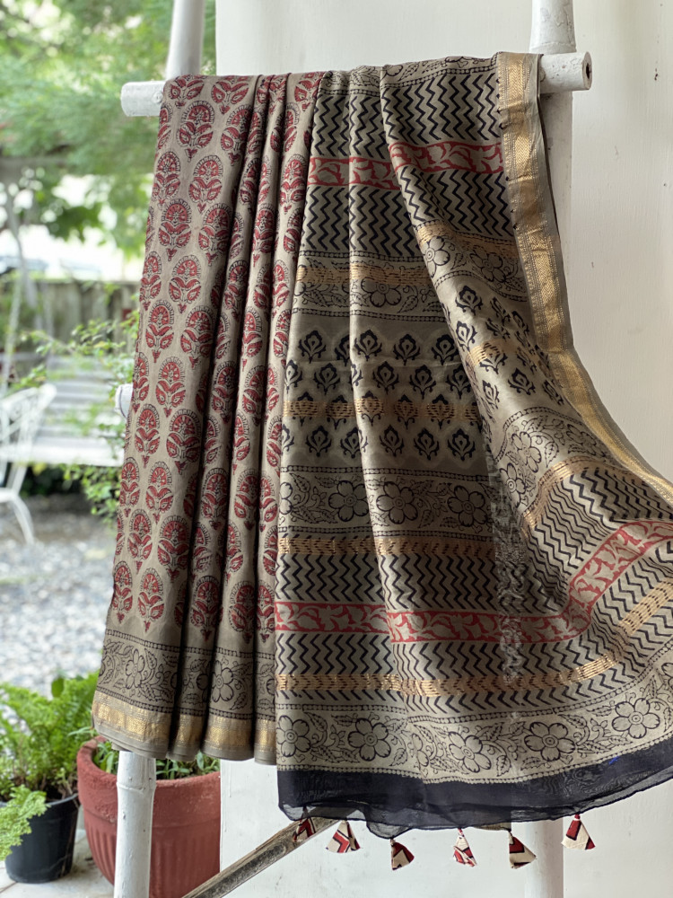 Image of GREY HAND BLOCK PRINT CHANDERI SILK COTTON SARI