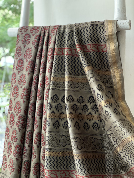 GREY HAND BLOCK PRINT CHANDERI SILK COTTON SARI
