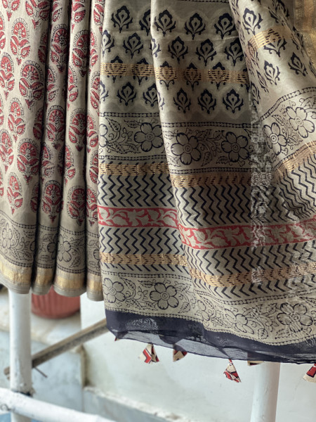 GREY HAND BLOCK PRINT CHANDERI SILK COTTON SARI