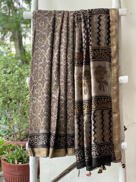 GREY HAND BLOCK PRINT CHANDERI SILK COTTON SARI