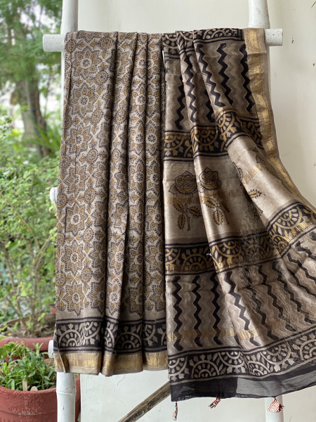 GREY HAND BLOCK PRINT CHANDERI SILK COTTON SARI