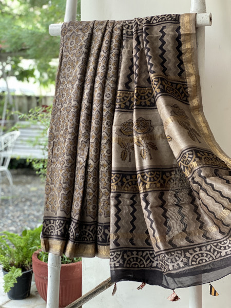 GREY HAND BLOCK PRINT CHANDERI SILK COTTON SARI