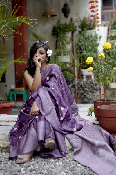 PURPLE KORA SILK HAND EMBROIDERED SARI