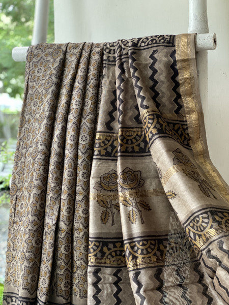 GREY HAND BLOCK PRINT CHANDERI SILK COTTON SARI