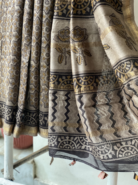 GREY HAND BLOCK PRINT CHANDERI SILK COTTON SARI