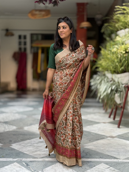 BEIGE-RED PRINTED TUSSAR SILK SARI