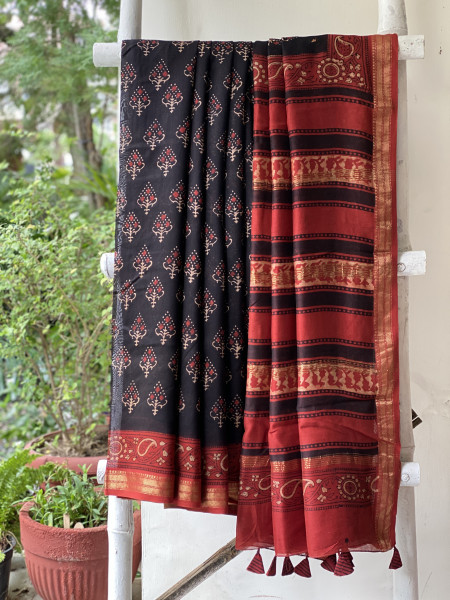 BLACK-MAROON HAND BLOCK PRINT CHANDERI SILK COTTON SARI