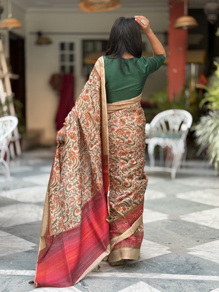 BEIGE-RED PRINTED TUSSAR SILK SARI