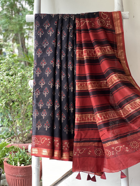 BLACK-MAROON HAND BLOCK PRINT CHANDERI SILK COTTON SARI