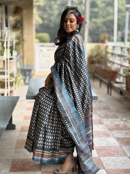 INDIGO HAND BLOCK PRINT KANTHA EMBROIDERED GICHA TUSSAR SILK SARI