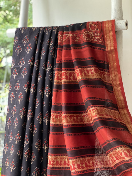 BLACK-MAROON HAND BLOCK PRINT CHANDERI SILK COTTON SARI