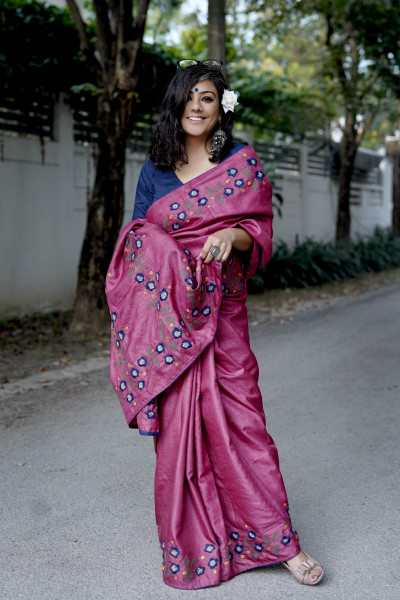MAGENTA TUSSAR SILK HAND EMBROIDERED SARI