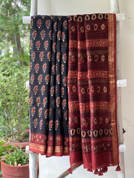 BLACK-MAROON HAND BLOCK PRINT CHANDERI SILK COTTON SARI