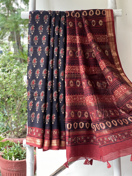 BLACK-MAROON HAND BLOCK PRINT CHANDERI SILK COTTON SARI