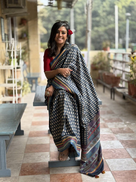 INDIGO HAND BLOCK PRINT KANTHA EMBROIDERED GICHA TUSSAR SILK SARI