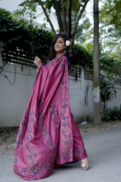 MAGENTA TUSSAR SILK HAND EMBROIDERED SARI