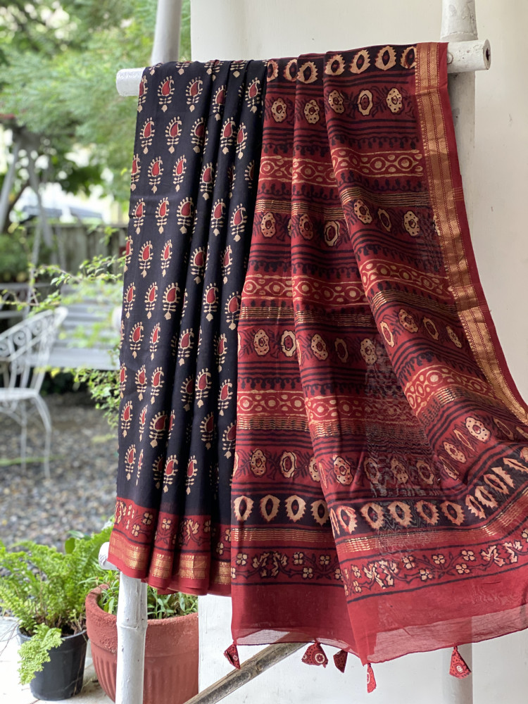 Image of BLACK-MAROON HAND BLOCK PRINT CHANDERI SILK COTTON SARI