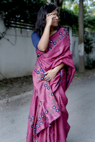 MAGENTA TUSSAR SILK HAND EMBROIDERED SARI