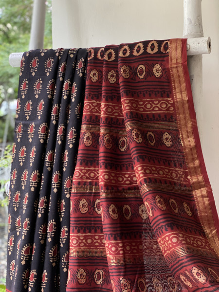BLACK-MAROON HAND BLOCK PRINT CHANDERI SILK COTTON SARI
