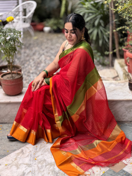 RED MAHESHWARI SILK & COTTON SARI